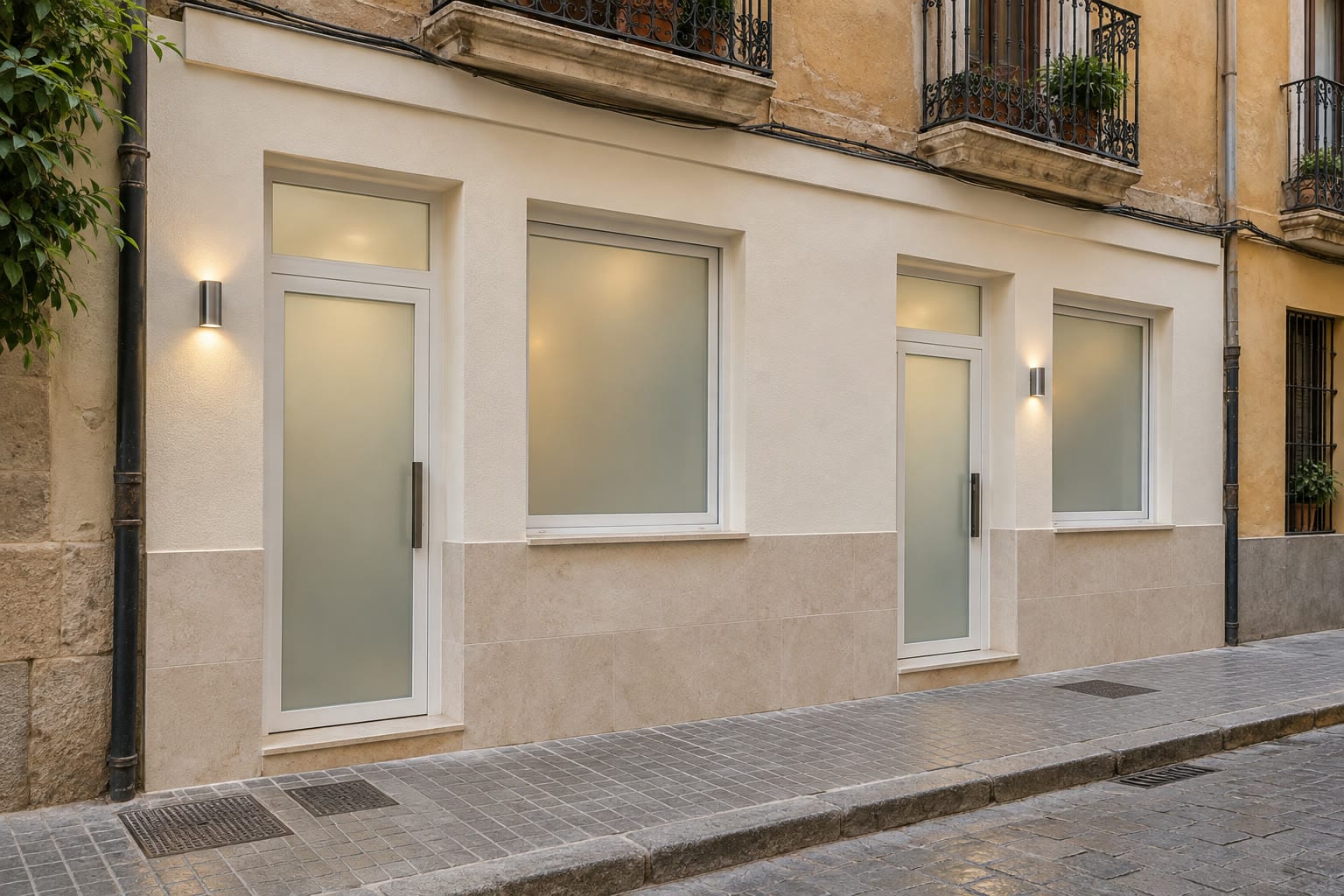 Fachada del bajo reformado a pie de calle, con cristales opacos y dos accesos